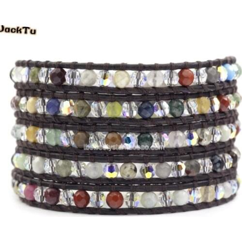 4mm AB crystal mix semiprecious stone leather wrap bracelet