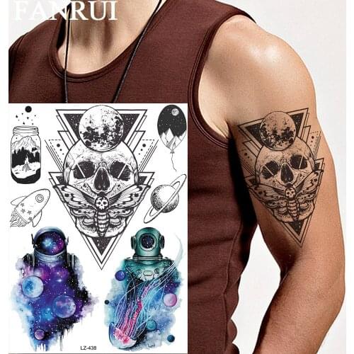 FANRUI Big Geometric Death Skull Temporary Tattoos For Men UFO Planets Sticker Jellyfish Triangle Tatoos Body Art Tattoo Sheets