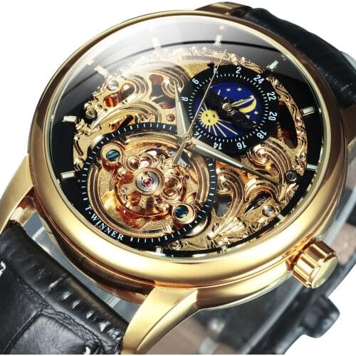 WINNER Gold Watch Men Luxury Mens Watches Top Brand Luxury 2020 Automatic Mechanical Clocks Sun Moon Display Gift часы мужские