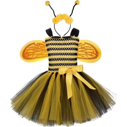 Baby Girls Yellow Black Tutu Dress Kids Birthday Party Costume Fluffy Dress with Flower Headband Bee Tutu Costume Halloween