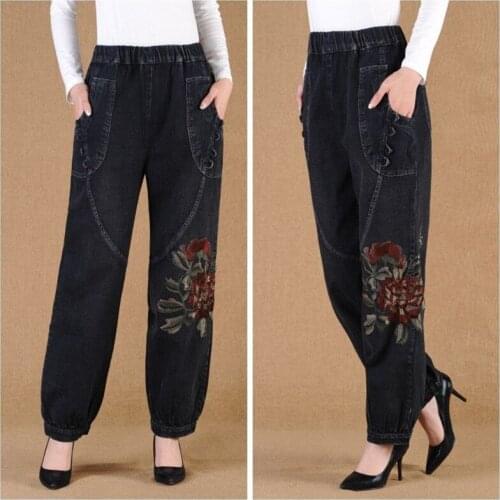 Embroidered Long Jeans Womens Bloomers Plus Size Middle-Aged Elderly Denim Pants Spring Autumn New Female Radish Cowboy Pants