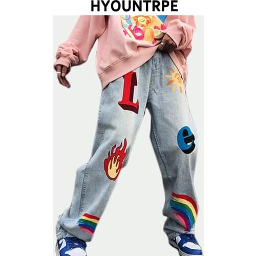 High Street Harajuku Printed Denim Jeans Pants Mens Casual Zipper Straight Trouser Loose Pants Hip Hop Streetwear Jogging Pants