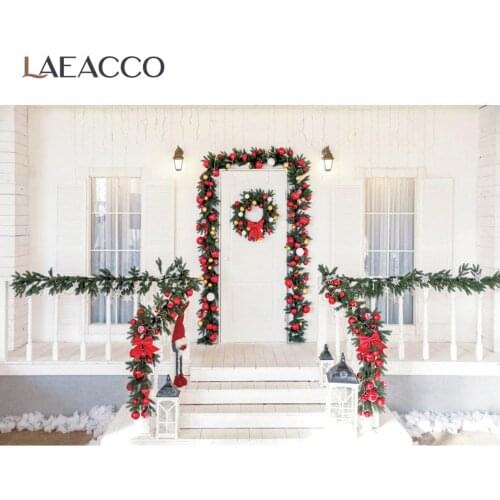 Photo Backdrops Gray White Rural House Merry Christmas Flower Wreath Porch Stairs Baby Interior Photo Background Photo Studio