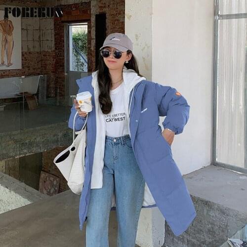 FORERUN Womens Winter Coat Fake Two Piece Sweatshirt Hooded Long Coats Korean Fashion Oversized Bubble Puffer Jackets Parkas