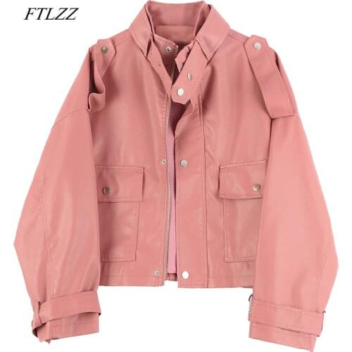 FTLZZ Women Loose Pu Jacket Faux Soft Leather Epaulet Zipper Biker Overcoat Spring Faux Leather Pink Black Street Short Outwear