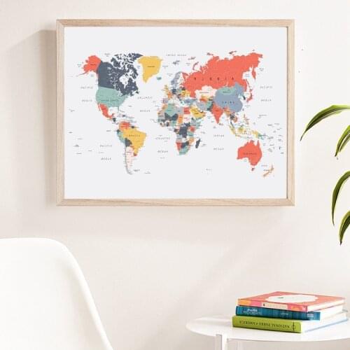 World Map Poster Print Colors Wall Art Canvas Painting Coral Blue Yellow Teal Pink Wall Picture for Living Room Home Wall Decor