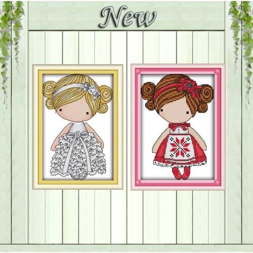 The red and white dress girl cartoon painting counted print on canvas DMC 11CT 14CT Cross Stitch kits embroidery needlework Sets