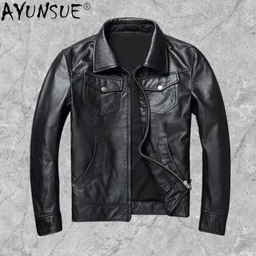 AYUNSUE Mens Jacket Motocycle Men Clothing Genuine Leather Jackets Mens Real Cowhide Clothes 5XL 6XL Bomber Coat Ropa LXR393