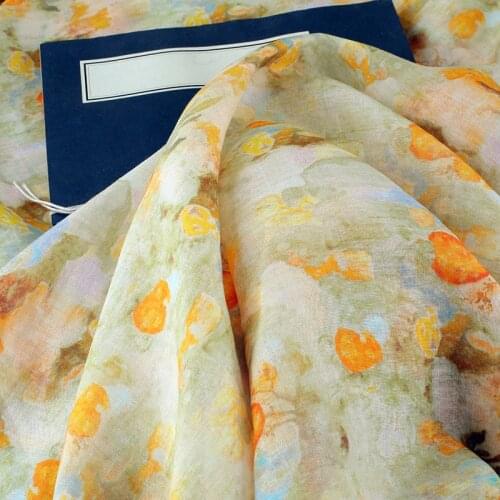 Lemon yellow pure ramie print summer high-end designer stitching fabric