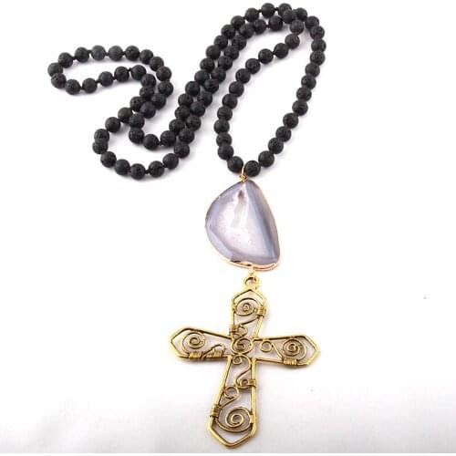MOODPC Fashion Bohemian Jewelry Lava Stone Long Knotted big Druzy Link Cross Pendant Necklaces