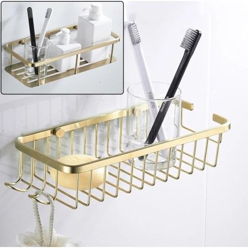 Stainless Steel Organizer Shelf Bathroom Wall Vacuum Suction Cup Sponges Storage Basket Kitchen Soap Towel Holder Brushed Gold