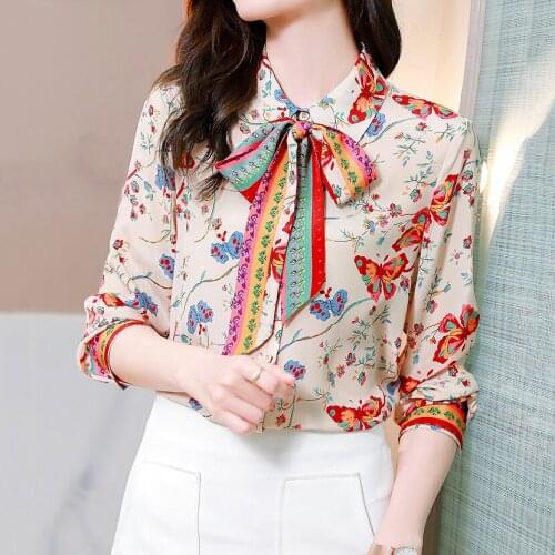 Spring New Clothing Blouses Women Shirts Fashion Elegance Ladies Full Sleeve Bow Collar Chiffon Print Shirt Women Tops SL295