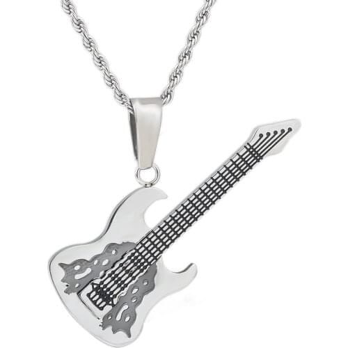 Fashion Punk Stainless Steel Male Pendant Necklace Guitar Shape 3mm chain Statement Necklace for Men