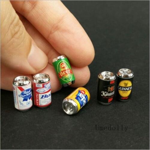 6PCS/SET 1:12 Scale Mini Dolls Beer Cans for Miniature Dollhouse Kitchen Scence Pretend Play Food for Doll Drinks Toy