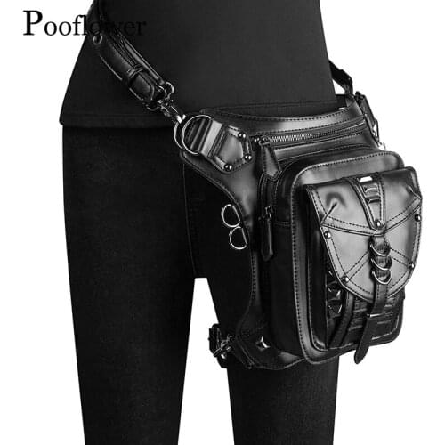 Pooflower Women and Men PU Leather Solid Waist Bag Black Punk Moto Waist Packs Unisex Belt Bag Crossbody Bag and Backpacks ZH066