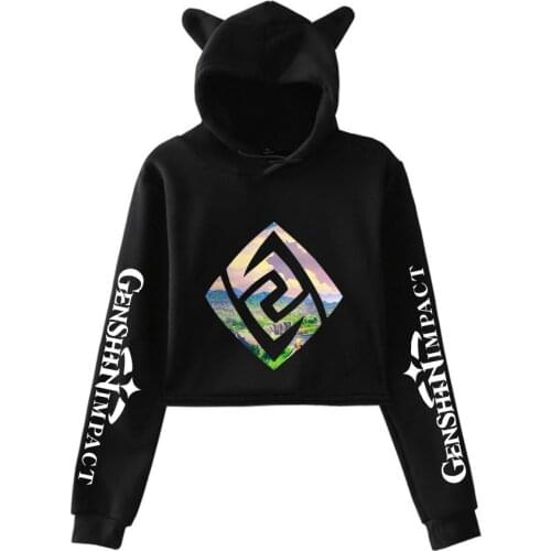 Hot Game Genshin Impact Crop Top Hoodie Hip Hop Streetwear Kawaii Cat Ear Cropped Short Sweatshirt Hooded Pullover Women Tops