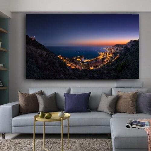 RELIABLI ART Posters And Prints Monaco Vista Palace Night Scene Sky Sea Boats Cuadros Canvas Painting Wall Art For Living Room