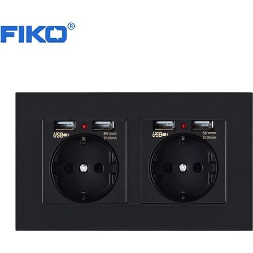 FIKO 2 Gang EU wall power socket plug grounded 16A socket with usb outlet strip 146mm*86mm pc panel white/black/gold/gray