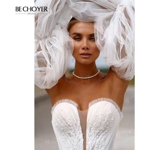 Wedding Dress 2 In 1 Sleeve A-Line Appliqued Beaded Count Train Bridal Gown Princess BECHOYER NR172 Plus Size Vestido De Noiva