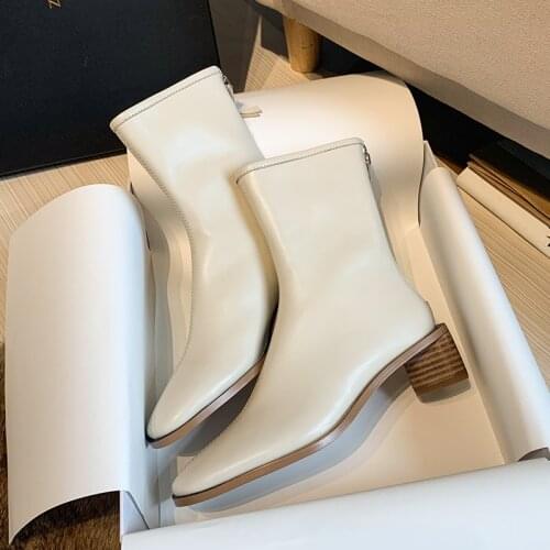 Sw Net Red Skinny brand Triangle Thick Heel Leather Short Boots Womens Short Tube Square Head Socks Boots And Bare Boots Ins