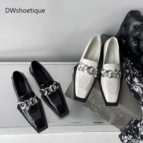Big chain genuine leather women loafers slip on square toe chunky heel dress shoes