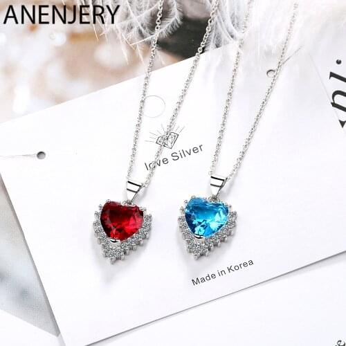 ANENJERY 925 Sterling Silver Classic Blue Red Heart Shaped Pendant Necklaces For Women Zircon Chain Necklace S-N438