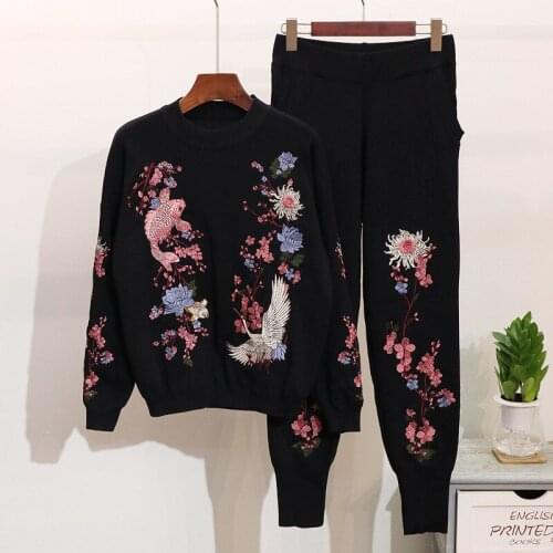 High Quality Womens Sweater Sets Top+Long Pants Knitted Tracksuit Sweat Suit Autumn New Casual Embroidery 2 Two Piece Set Women