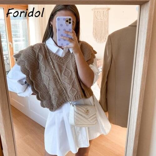 Foridol Knitted Sweater Vest Women Ruffle Vintage Sleeveless V Neck Brown Waistcoat Thick Autumn Winter Twist Vest Pullover 2020