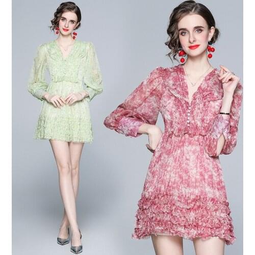 Women Summer Designer Elegant Floral V- Neck Lantern Sleeves Cocktail Party Robe Female Vintage Runched Ruffles Dress Vestidos