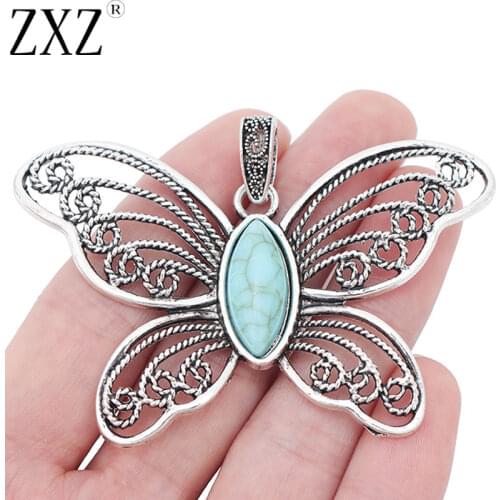 ZXZ 2pcs Tibetan Silver Large Filigree Butterfly & Blue Stone Charms Pendants for Necklace Jewelry Making Findings 76x48mm