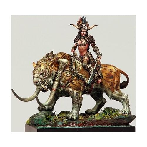 1/24 75mm ancient woman warrior with animal and base Resin figure Model kits Miniature gk Unassembly Unpainted