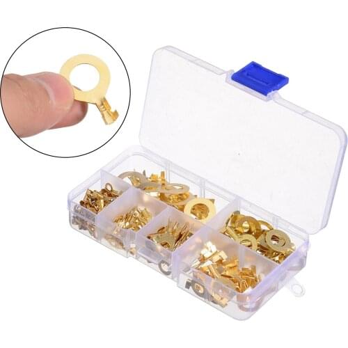 150Pcs Brass Insulated Ring Crimp Terminals Cable Connectors Spade Assortment Electrical Kits with Storage Box