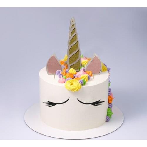 5Pcs Unicorn Cake Toppers With Horn Ears Eyelash Handmade Birthday Party Decoration Baby Shower Wedding Unicorn Party Supplies
