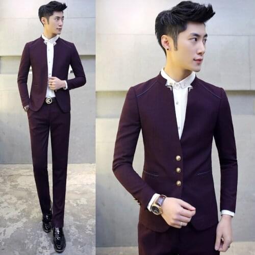 Blazer with Pants Mandarin Collar Tuxedo Slim Fit 3xl Men Suits Bridegroom Costume Homme Mariage Navy Black Wine Red