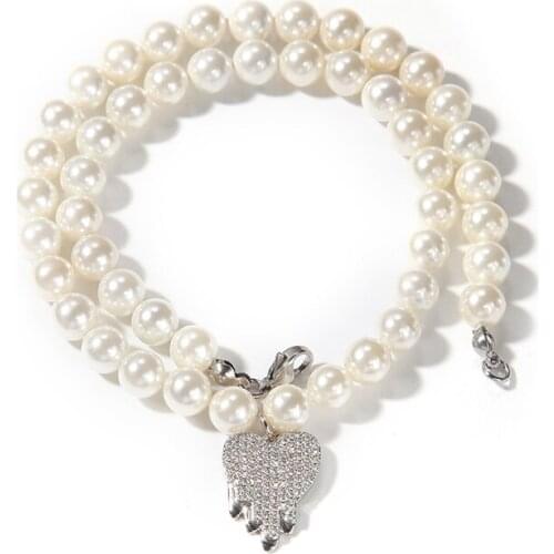 Hip Hop Claw Setting 3A+ CZ Stone Bling Iced Out Heart Pendants Necklaces for Men Women Rapper Jewelry with Pearl Link Chain