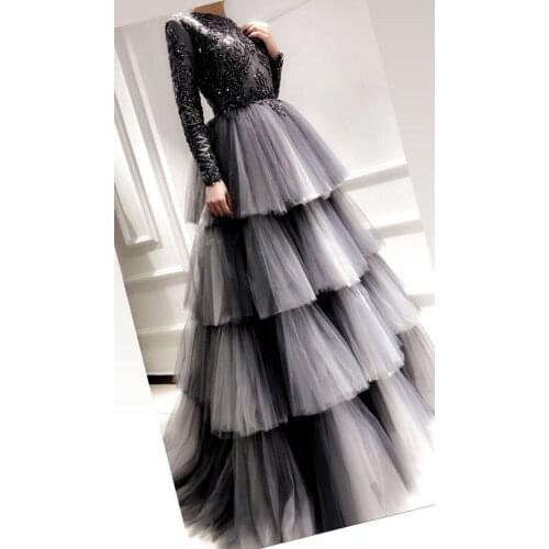Black Tulle Tiered Prom Dresses 2021 Lace Beaded Long Sleeves Formal Evening Party Dress vestidos de gala