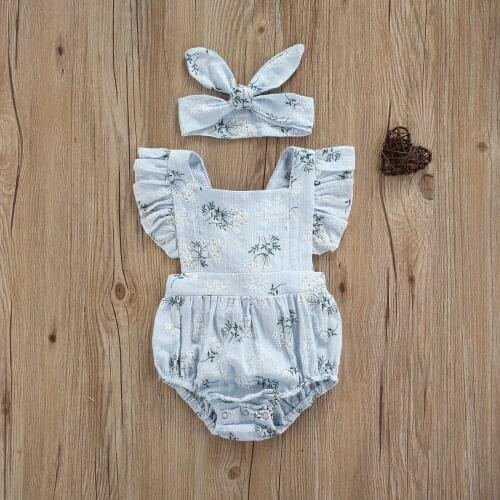 Infant Lace Romper + Bow Turban, Flower Print Elastic Sweet Style Little Princess Romper Outfit Summer Baby Girl Clothes