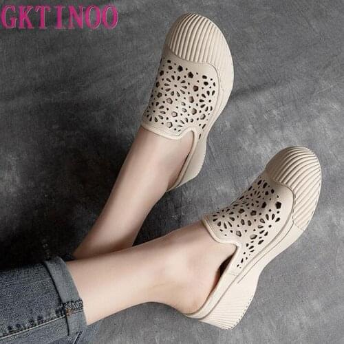 GKTINOO Outside Slippers Women Shoes Genuine Leather 2021 New Summer Slides Leisure Sewing Handmade Concise Retro Slippers