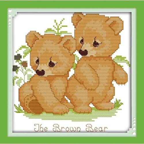 Joy Sunday Brown Bear Paintings Cartoon Simple Beginners Hand Embroidery ChineseCross StitchNeedlework Counted Print on Canvas