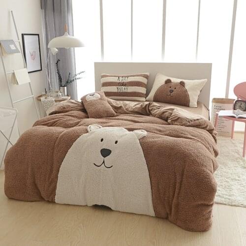 Cute dog bear bed linen designer winter warm bedding sets Cashmere bedding set housse de couette quilt cover set