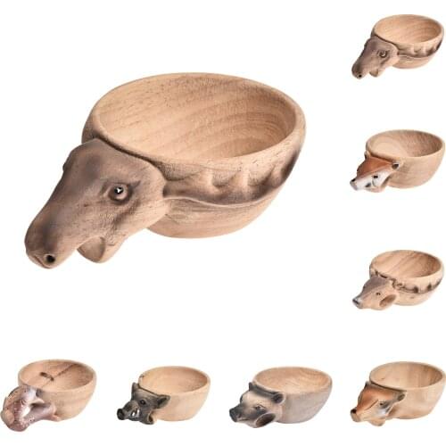 Creative Nordic Kuksa Wooden Water Cup Hand Carved Animal Head Outdoor Drinking Cups Camping Hiking Water Storage Cups Basin
