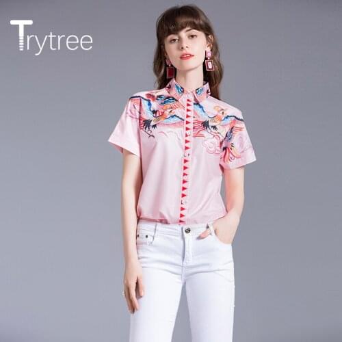 Trytree 2020 Summer Women Casual Blouse Turn-down Collar Single Breasted Print 2 Color Fashion All-Purpose Style Blouse Tops