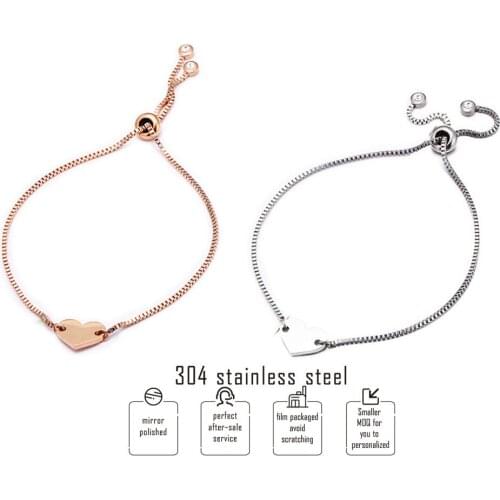 Fashion Women Bracelet Blank Heart Charm Adjustable Box Chain 304 Stainless Steel Bangles Rose Gold Bracelets Wholesale 10pcs