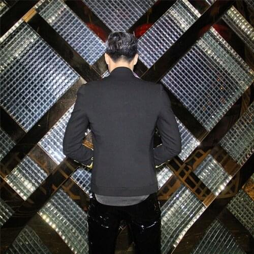 Men Blazer Court Style Night Club Stage Costumes Stand Collar Single Breasted Slim Casual Jacket Male Hip Hop Dancer Short Coat