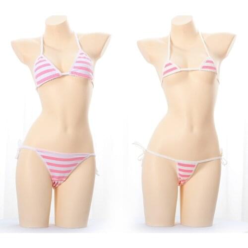 2021 New Sexy Lingerie Lolita Kawaii Blue Pink White Striped Mini Bikini Adult Cosplay Erotic Costumes Bra Women Underwear Set