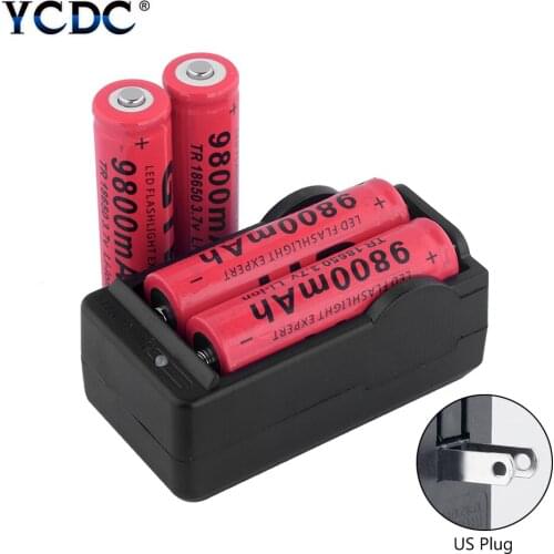New 18650 battery 3.7V 9800mAh rechargeable Li-ion battery for Led flashlight battery 18650 battery + US Plug charger Wholesale