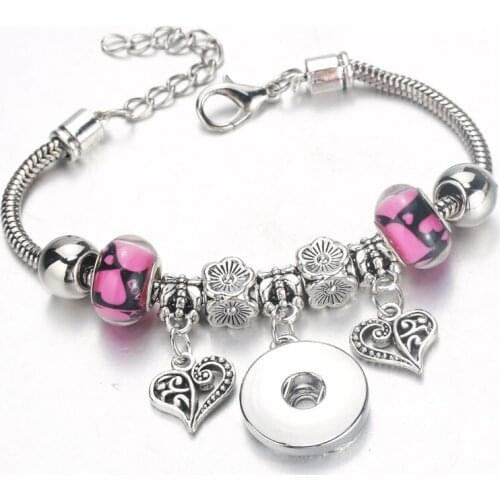 New Heart-shaped 6 Colors Snap Bracelet Lobster Buckle Snake Chain Bangles Beaded bracelet Fit 18MM Snap Women Jewelry