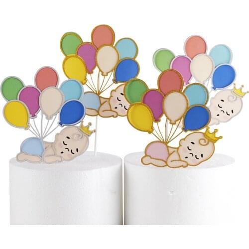 New Balloon Newborn Happy Birthday Cake Topper Baby Birthday Cupcake Toppers Supplies for Baby Birthday Party Cake Decorations