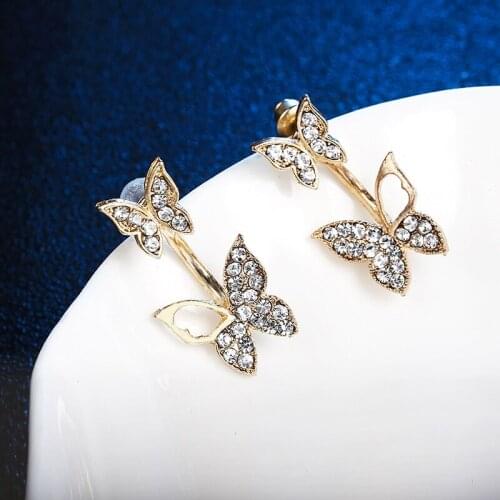 Charm Butterfly Stud Earrings Shiny Full Rhinestones Crystal Two Side Earrings For Women Girls Statement Ear Jewelry Gift