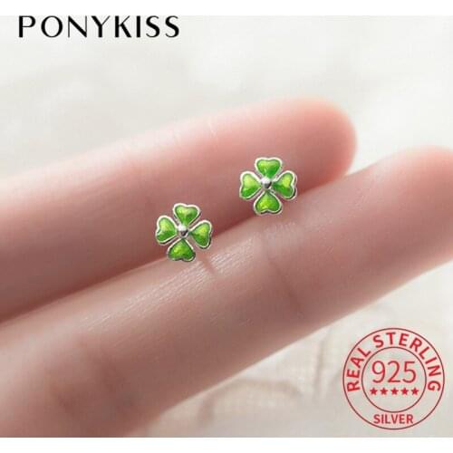 PONYKISS 100% 925 Sterling Silver Green Four Leaf Flower Stud Earrings Women Party Fashion Accessories Girl Birthday Cute Gift